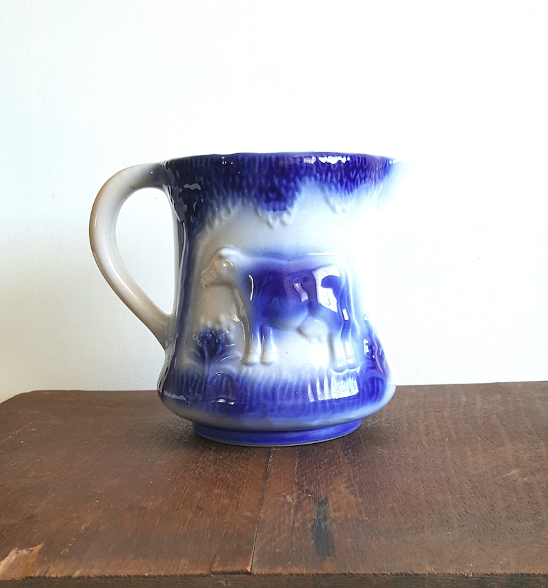 Vintage Stoneware Flo Blue Milk Pitcher. Cow and Meadow. English image 2