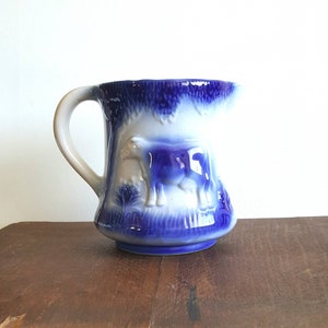 Vintage Stoneware Flo Blue Milk Pitcher. Cow and Meadow. English image 3