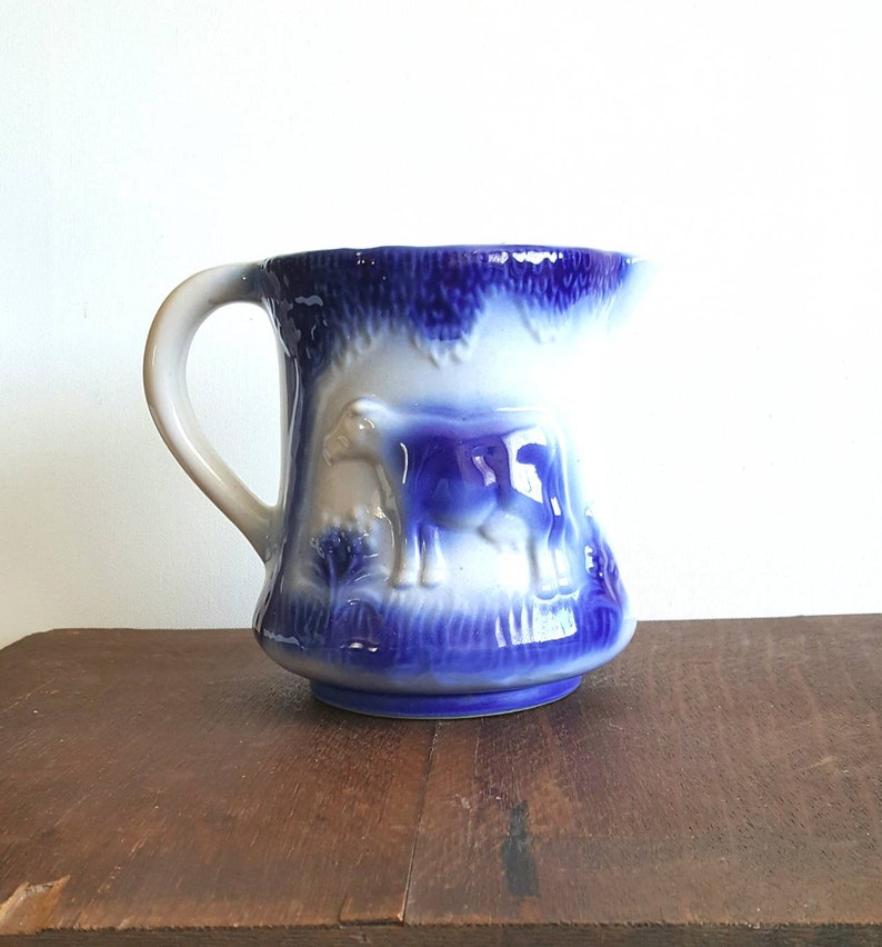 Vintage Stoneware Flo Blue Milk Pitcher. Cow and Meadow. English image 3