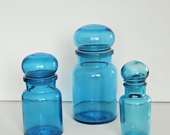 Sea Blue Vintage Belgian Bubble Canisters. Set of three. Circa 1960's