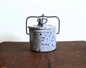 Splatter Blue Stoneware Crock with Lid. Vintage Stoneware