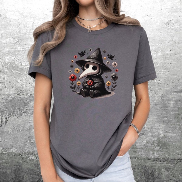 Plague Doctor With Flowers Shirt, Creepy Cute, Dark Cottagecore, Creepy Kawaii, Bella Canvas 3001 T-Shirt