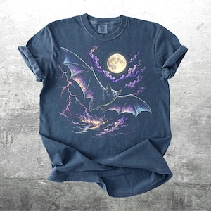 Vintage Bat Shirt For Women, Men, Spooky Season, Oversize, Unisex Comfort Colors T-shirt Denim