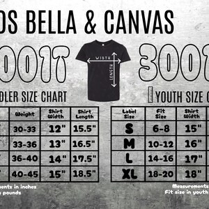 May include: A size chart for Kids Bella & Canvas t-shirts, with toddler and youth sizes. The chart shows measurements in inches (1 inch = 2.54 cm) for shirt width and length, and weight in pounds for toddler sizes. The text "KIDS BELLA & CANVAS" is at the top.