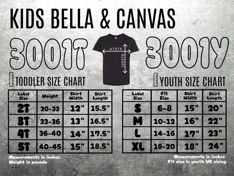 May include: A size chart for Kids Bella & Canvas t-shirts, with toddler and youth sizes. The chart shows measurements in inches (1 inch = 2.54 cm) for shirt width and length, and weight in pounds for toddler sizes. The text "KIDS BELLA & CANVAS" is at the top.