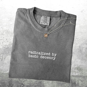 May include: A gray t-shirt with the phrase "radicalized by basic decency" in white lettering. A silver necklace with a small pendant rests on the shirt. The shirt is folded and has a tag.