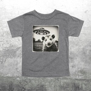 May include: Grey short-sleeved t-shirt with a black and white image of an opossum beneath a UFO. The opossum is in a field, and the UFO is overhead. The shirt is made of a soft material.