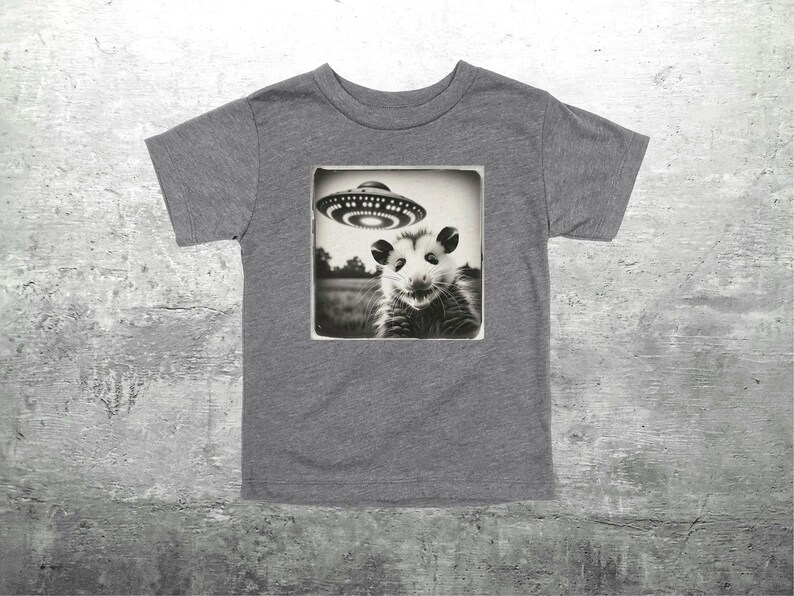 May include: Grey short-sleeved t-shirt with a black and white image of an opossum beneath a UFO. The opossum is in a field, and the UFO is overhead. The shirt is made of a soft material.