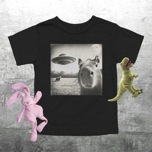 May include: Black t-shirt with a graphic of a capybara looking up at a UFO. The capybara is in black and white, and the UFO is in the background.