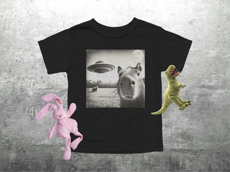 May include: Black t-shirt with a graphic of a capybara looking up at a UFO. The capybara is in black and white, and the UFO is in the background.