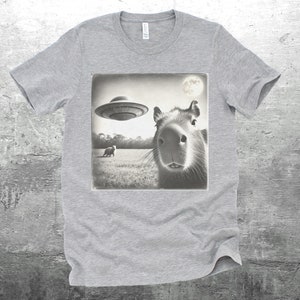 K&ouml;nnte beinhalten: Ein graues T-Shirt mit einem Schwarzwei&szlig;bild eines Capybaras, das zu einem UFO aufblickt. Das Bild ist in einem quadratischen Rahmen und hat einen Vintage-Look.