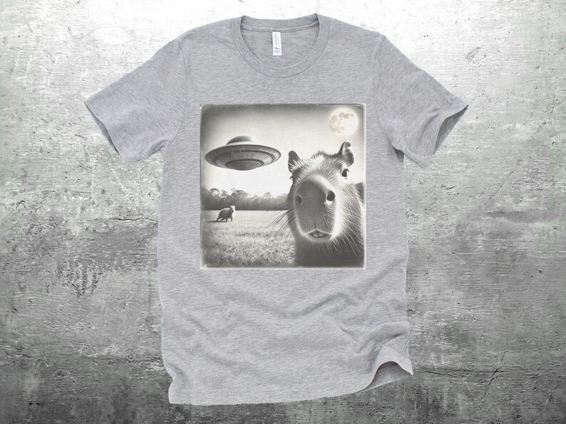 K&ouml;nnte beinhalten: Ein graues T-Shirt mit einem Schwarzwei&szlig;bild eines Capybaras, das zu einem UFO aufblickt. Das Bild ist in einem quadratischen Rahmen und hat einen Vintage-Look.
