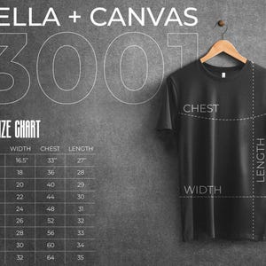 May include: A size chart for Bella + Canvas 300 t-shirts. The chart shows the size, width, chest, and length measurements in inches. The chart is printed on a gray background.