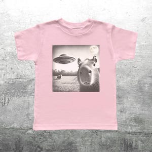 May include: Pink t-shirt with a black and white image of a capybara looking up at a UFO in the sky. The image also shows a small animal in the distance.
