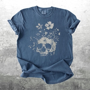 Floral Skull Shirt, Oversize, Womens, Comfort Colors T-shirt Denim
