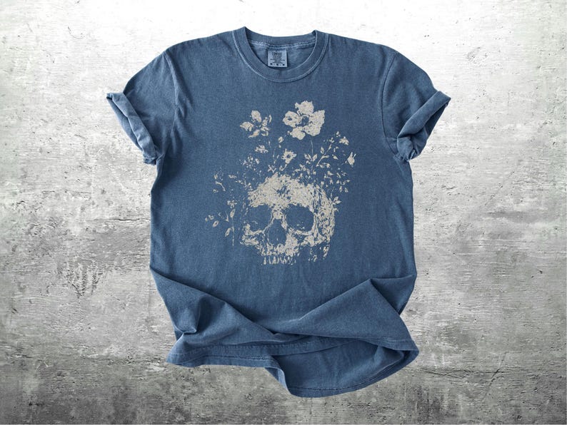 Floral Skull Shirt, Oversize, Womens, Comfort Colors T-shirt Denim