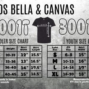 May include: Size chart for toddler and youth t-shirts. The chart shows shirt width and length in inches, as well as weight in pounds for toddler sizes and fit size in youth US sizing for youth sizes.