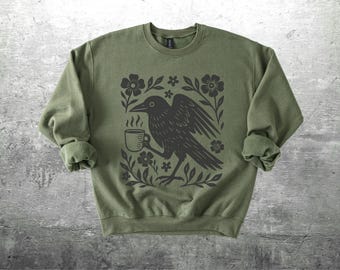Sweat-shirt bohème corbeau, amateur de café oiseau, oversize, femme, homme, col rond Gildan 18000