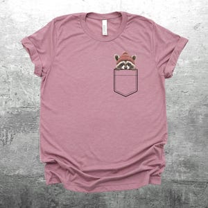 May include: A pink t-shirt with a raccoon wearing a red knit hat in the pocket.