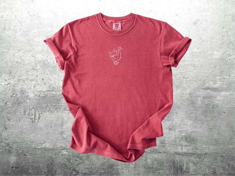May include: A red t-shirt with a white outline of a goose with the text "Silly Goose" above it.