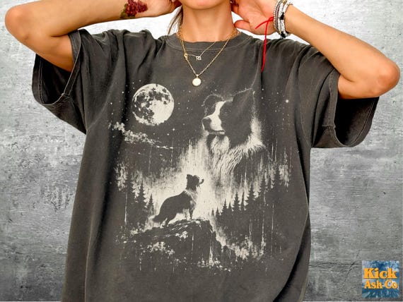 Vintage Border Collie Shirt, Moon, Oversize, Womens, Mens, Unisex Comfort Colors T-shirt