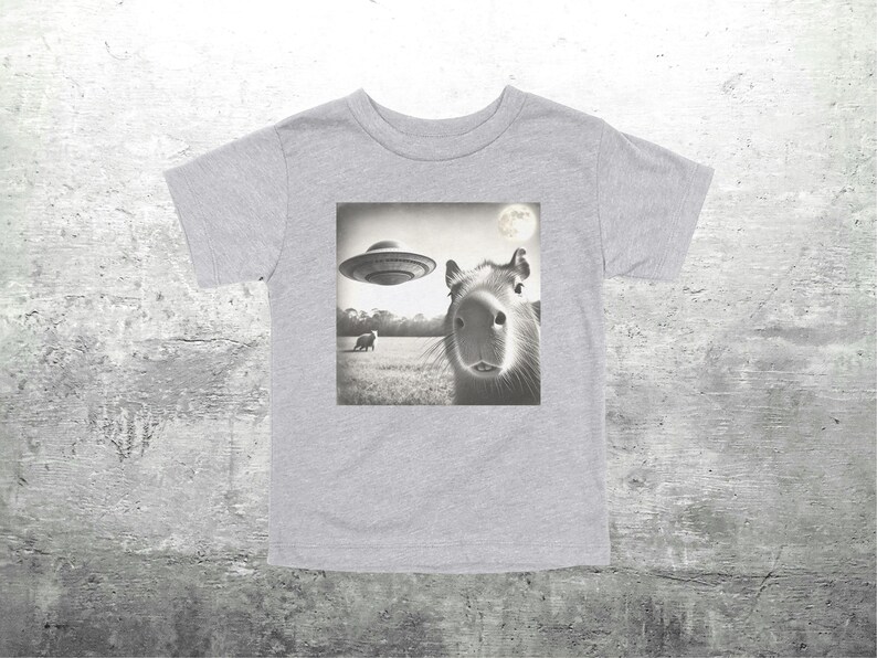 May include: A gray t-shirt with a black and white image of a capybara looking up at a flying saucer. The image is in a retro style.