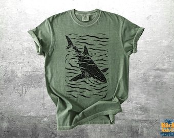 Shark Shirt, Boho Linocut Style, Oversize, Womens, Mens, Unisex Comfort Colors T-shirt