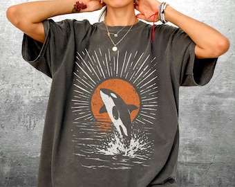 Beach Shirt, Vintage Sun, Killer Whale, Oversize, Womens, Mens, Comfort Colors T-shirt