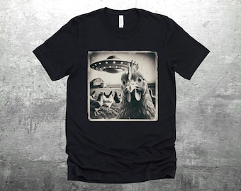 Funny Chicken Shirt, Chicken Selfie Picture,Flying Saucer, Weird Animal Shirt, Funny Animal Shirt, Mens, Womens, Unisex