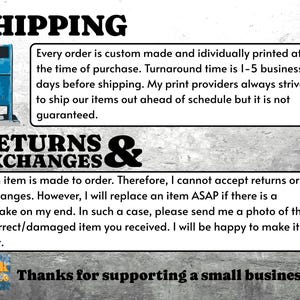 May include: Image with text about shipping and returns. The text includes information about custom orders, turnaround times, and the policy on returns and exchanges. A blue mailbox graphic is also present.