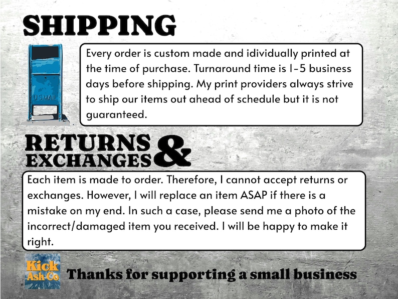May include: Image with text about shipping and returns. The text includes information about custom orders, turnaround times, and the policy on returns and exchanges. A blue mailbox graphic is also present.
