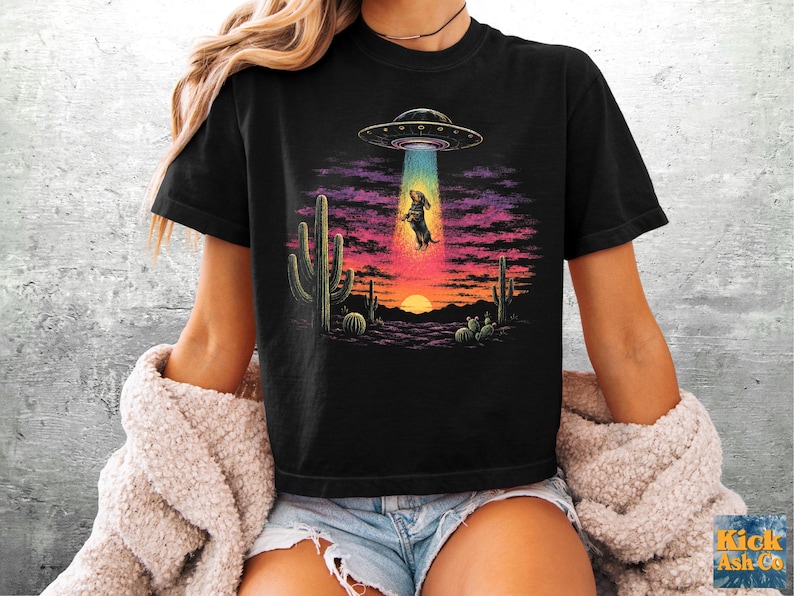 Puede incluir: Una camiseta negra con un estampado gr&aacute;fico de un perro salchicha siendo abducido por un platillo volante en un paisaje des&eacute;rtico al atardecer. La escena incluye cactus saguaro, un rayo de luz azul brillante y un cielo de tonos violetas y naranjas.