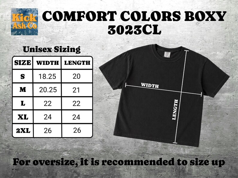 May include: A black short-sleeve t-shirt labeled Comfort Colors Boxy 3023CL. A size chart displays width and length measurements in inches for sizes S through 2XL, with white lines on the shirt indicating where width and length are measured.