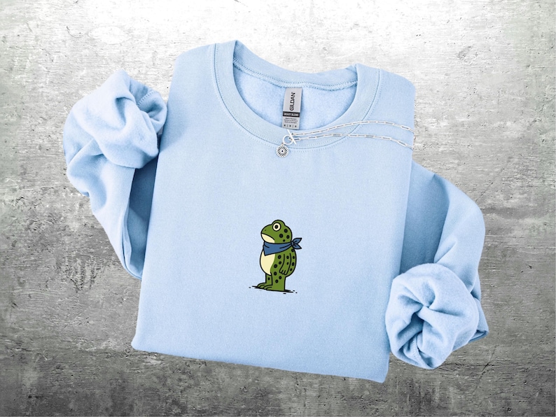 Puede incluir: Una sudadera azul claro con una rana de dibujos animados con una bandana azul. La rana es verde con manchas negras. Un collar plateado con un peque&ntilde;o colgante est&aacute; en la sudadera. Las mangas est&aacute;n dobladas.