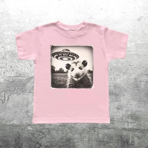 May include: A pale pink t-shirt with a black and white image of an opossum and a UFO. The image is framed in a square. The shirt is made of a soft material.