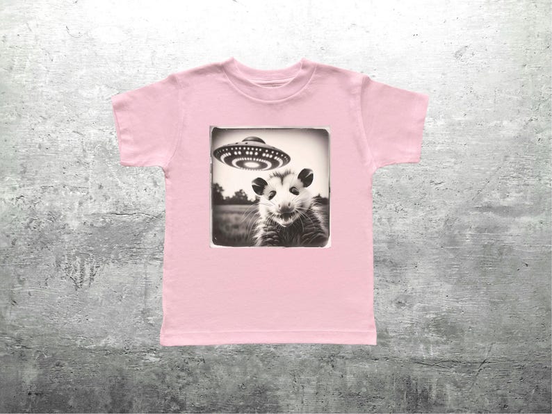 May include: A pale pink t-shirt with a black and white image of an opossum and a UFO. The image is framed in a square. The shirt is made of a soft material.