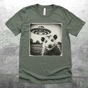 Funny Possum Shirt, Opossum Selfie Picture, Flying Saucer, Weird Animal Shirt, Funny Animal Shirt, T-Shirt, Mens, Womens, Unisex Military Green