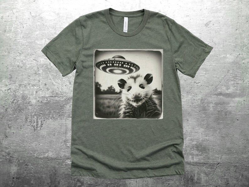 Funny Possum Shirt, Opossum Selfie Picture, Flying Saucer, Weird Animal Shirt, Funny Animal Shirt, T-Shirt, Mens, Womens, Unisex Military Green