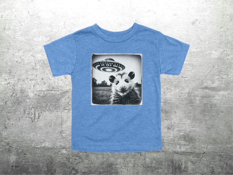 May include: A light blue toddler t-shirt with a black and white image of an opossum and a UFO. The opossum is looking at the UFO. The image is in a square frame.