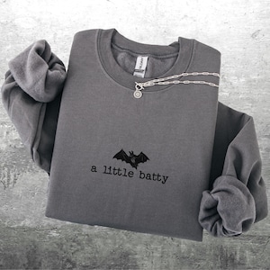May include: A gray sweatshirt with the phrase "a little batty" and a bat graphic. A silver necklace with a circular pendant is draped across the shirt. The sleeves are folded, and the shirt is on a textured surface.