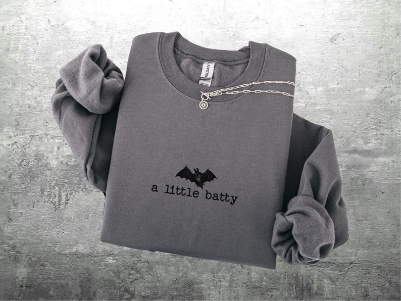 May include: A gray sweatshirt with the phrase "a little batty" and a bat graphic. A silver necklace with a circular pendant is draped across the shirt. The sleeves are folded, and the shirt is on a textured surface.
