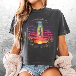 May include: A charcoal gray t-shirt featuring a graphic print of a cat being abducted by a UFO above a desert landscape with cacti and a sunset. The design uses vibrant colors including purple, pink, orange, and teal to depict the scene.