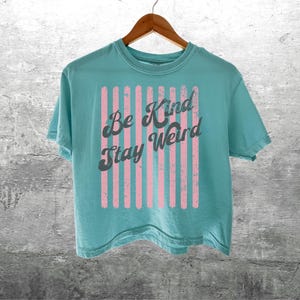 May include: A light blue short-sleeve t-shirt featuring a graphic design of vertical pink stripes with the dark grey text "Be Kind Stay Weird" printed over the centre. The shirt is displayed on a wooden hanger against a grey textured background.