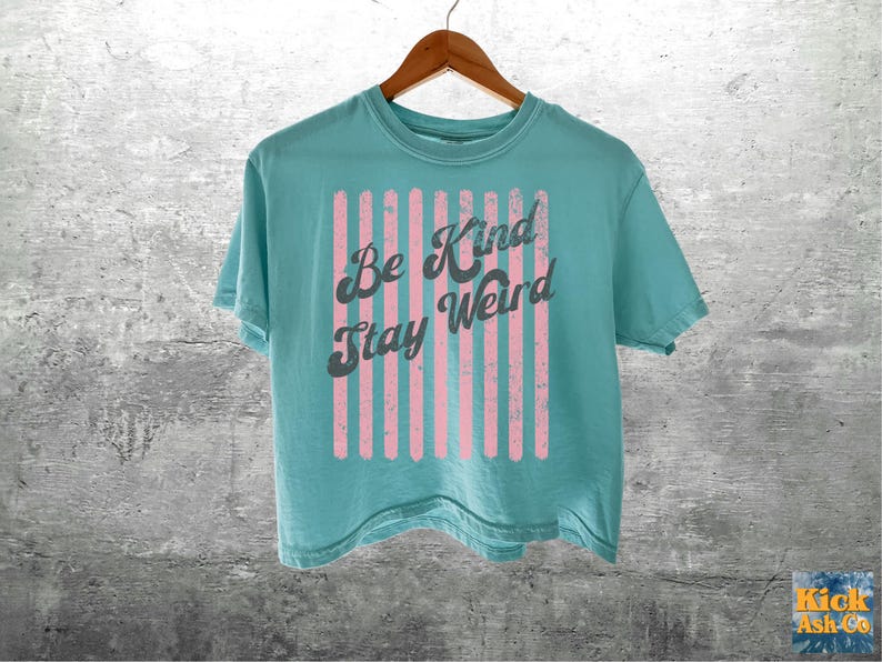 May include: A light blue short-sleeve t-shirt featuring a graphic design of vertical pink stripes with the dark grey text "Be Kind Stay Weird" printed over the centre. The shirt is displayed on a wooden hanger against a grey textured background.