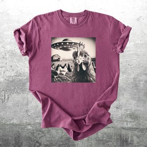 May include: A maroon t-shirt featuring a black and white graphic of a chicken looking at the viewer with a UFO hovering above. Other chickens and a barn are in the background. The shirt is made of soft material.