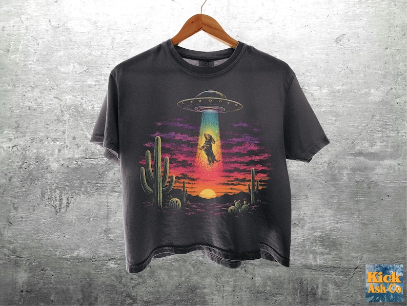 Puede incluir: Una camiseta gris carb&oacute;n con un estampado gr&aacute;fico de un perro salchicha siendo abducido por un OVNI en un paisaje des&eacute;rtico al atardecer. El dise&ntilde;o incluye cactus, un cielo vibrante de color p&uacute;rpura y naranja, y un rayo tractor azul brillante. El texto Kick Ash Co es visible en la esquina inferior derecha.