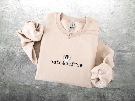 Cats And Coffee Sweatshirt, Coffee Lover Shirt, Cat Lover Gift, Minimalist, Oversize, Womens, Mens, Gildan 18000 Crewneck