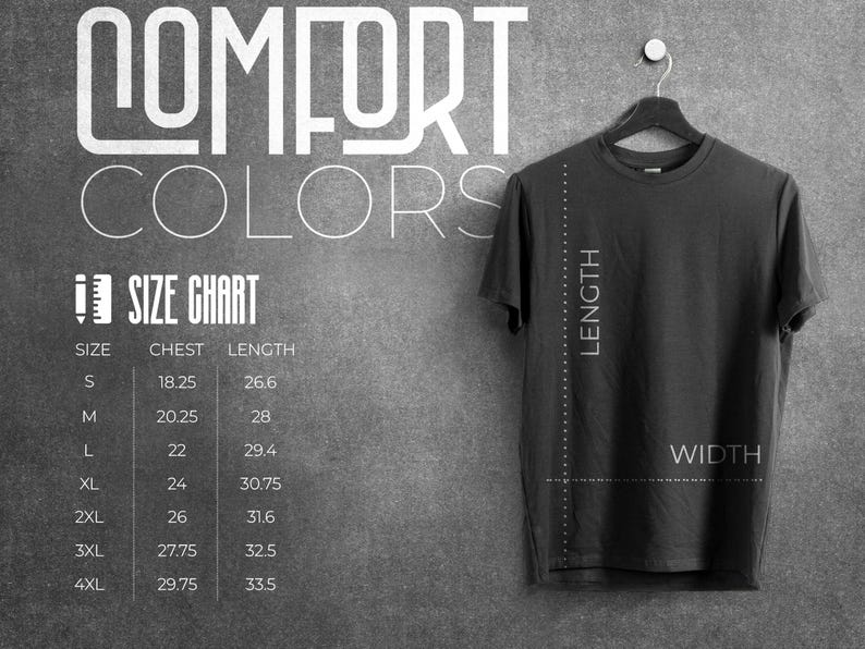 Op de afbeelding: Maattabel voor T-shirts met metingen in inches voor borst en lengte. De maten vari&euml;ren van S tot 4XL.