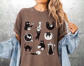 Funny Cat Shirt, Cat And Coffee Shirt, Coffee Lover Gift, Cat Lover Gift, Oversize, Womens, Mens, Unisex