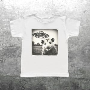 May include: White t-shirt with a black and white image of an opossum and a UFO. The opossum is in a field, and the UFO is above it. The shirt is made of a soft material. A fun, quirky design.
